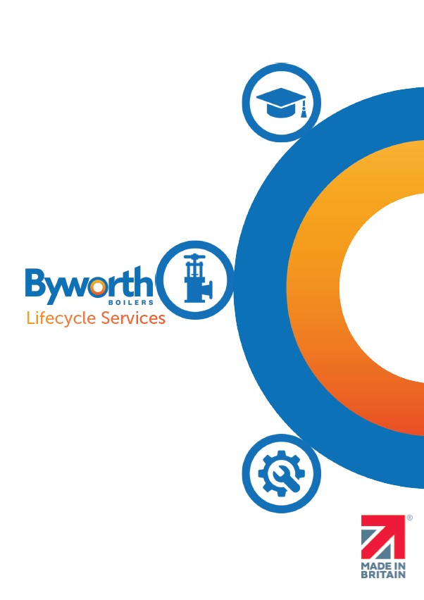 Brochure front cover for service and aftercare featuring a blue and orange circle, blue icons and the Byworth logo